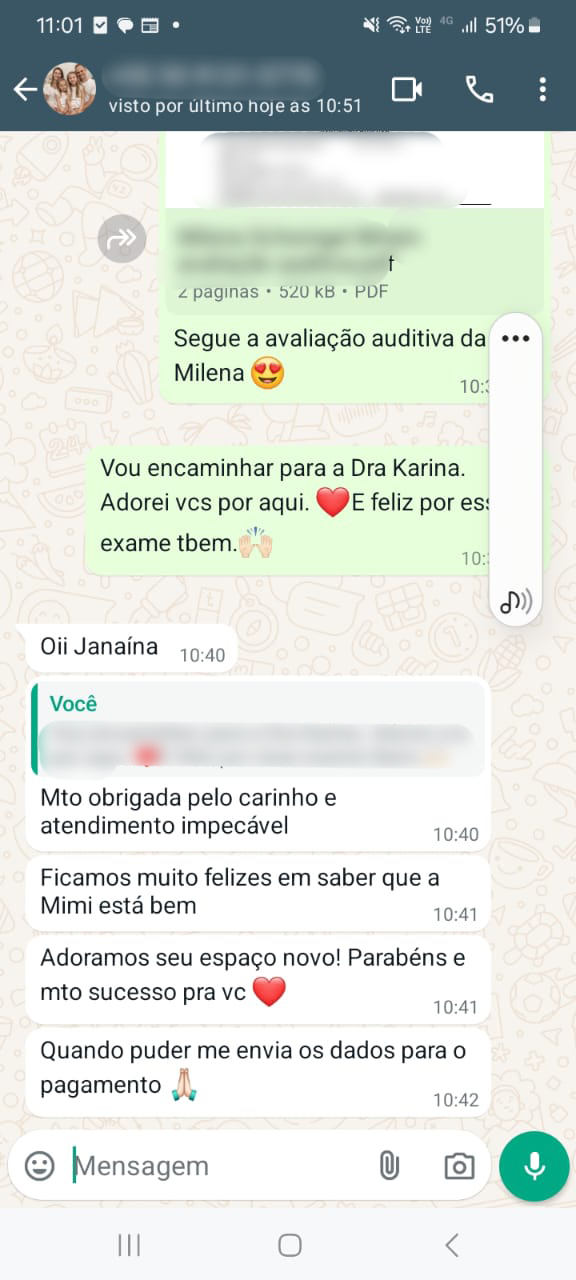 Depoimento de família pelo WhatsApp sobre a avaliação auditiva infantil com a Dra. Janaína Colon em Indaiatuba