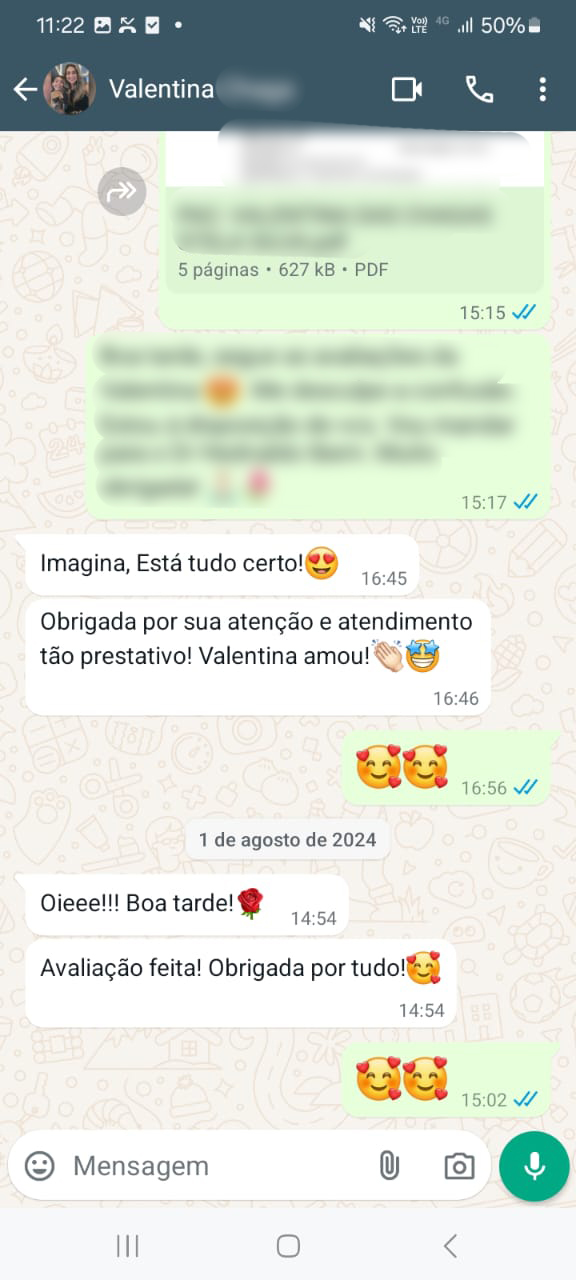 Depoimento de família pelo WhatsApp sobre a avaliação auditiva infantil com a Dra. Janaína Colon em Indaiatuba