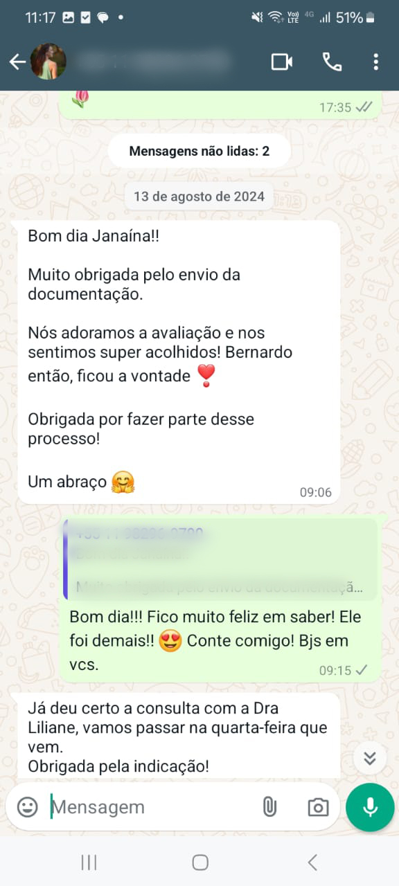 Depoimento de família pelo WhatsApp sobre a avaliação auditiva infantil com a Dra. Janaína Colon em Indaiatuba